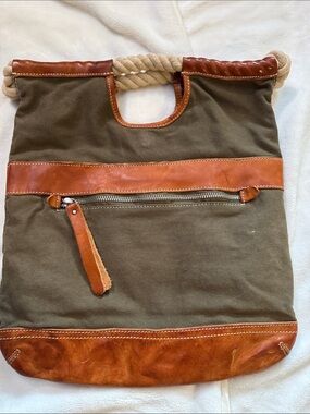Canvas & Leather Rope-Handle Tote in Olive and Brown